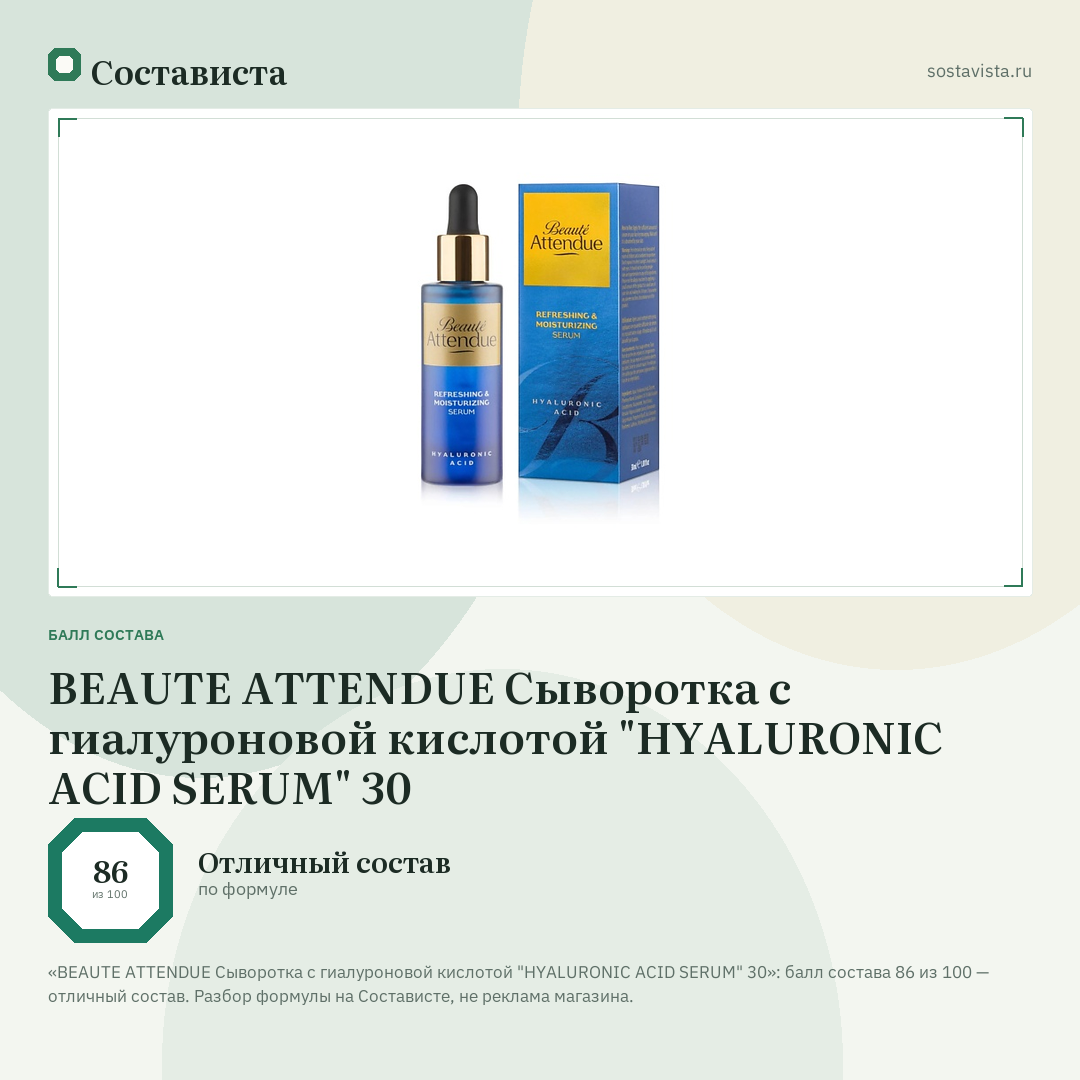 BEAUTE ATTENDUE Сыворотка с гиалуроновой кислотой "HYALURONIC ACID SERUM" 30: балл состава 86 из 100 — Состависта