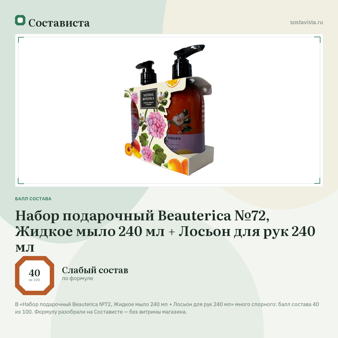 Набор подарочный Beauterica №72, Жидкое мыло 240 мл + Лосьон для рук 240 мл: балл состава 40 из 100 — Состависта