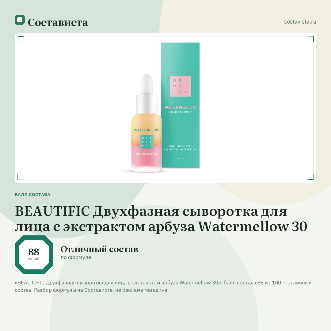 BEAUTIFIC Двухфазная сыворотка для лица c экстрактом арбуза Watermellow 30: балл состава 88 из 100 — Состависта