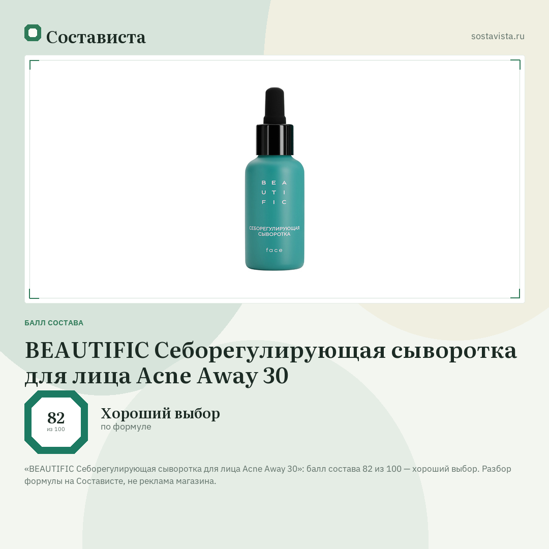 BEAUTIFIC Себорегулирующая сыворотка для лица Acne Away 30: балл состава 82 из 100 — Состависта