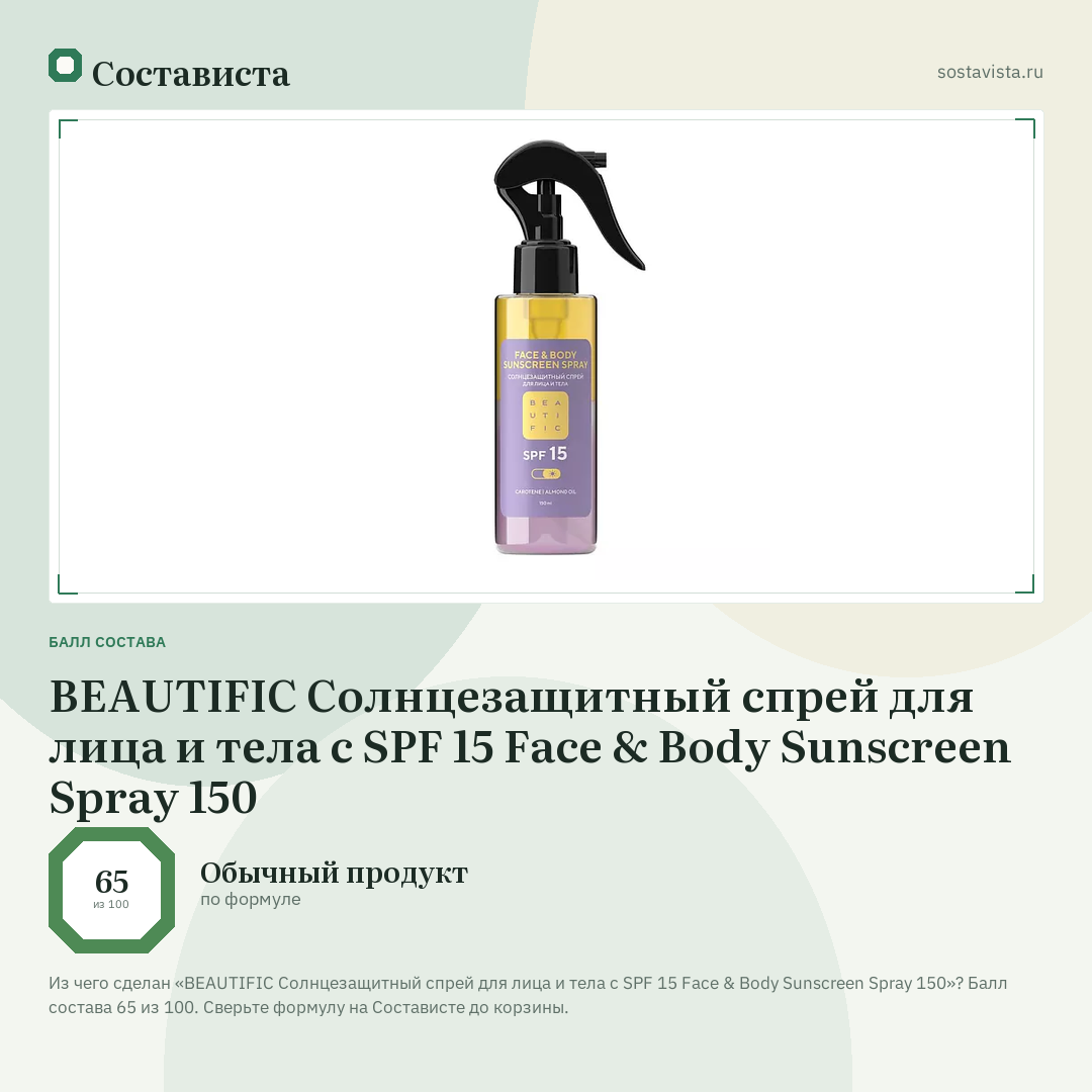 BEAUTIFIC Солнцезащитный спрей для лица и тела с SPF 15 Face & Body Sunscreen Spray 150: балл состава 65 из 100 — Состависта