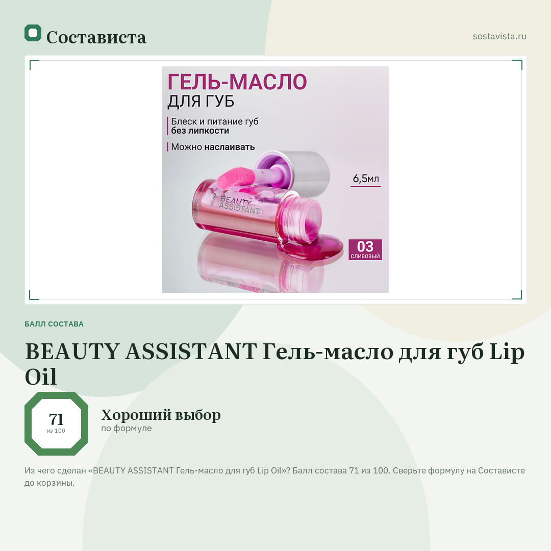 BEAUTY ASSISTANT Гель-масло для губ Lip Oil: балл состава 71 из 100 — Состависта