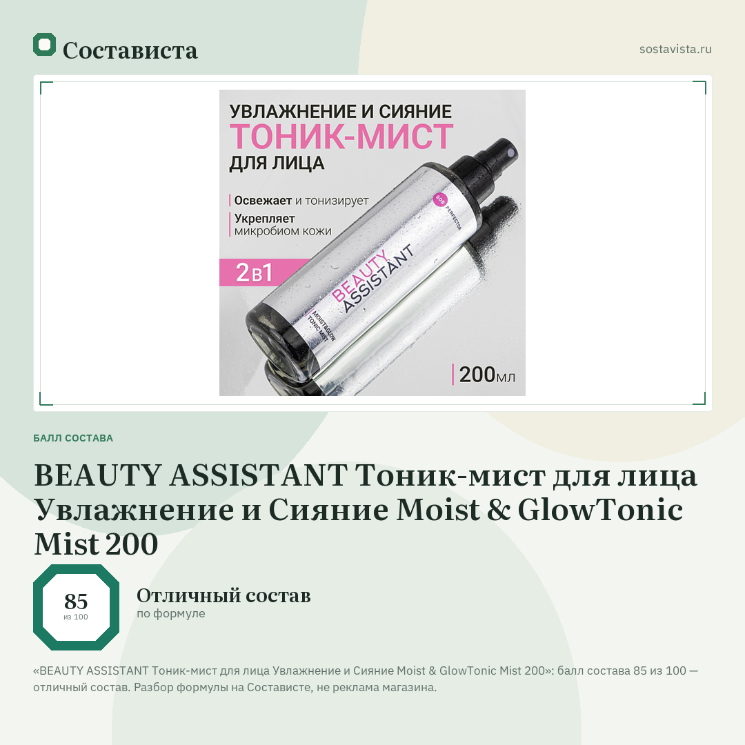 BEAUTY ASSISTANT Тоник-мист для лица Увлажнение и Сияние Moist & GlowTonic Mist 200: балл состава 85 из 100 — Состависта