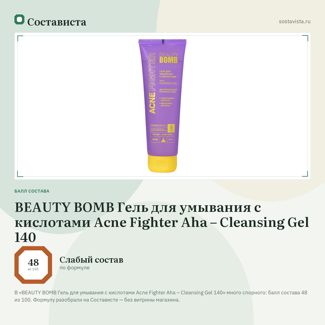 BEAUTY BOMB Гель для умывания с кислотами Acne Fighter Aha – Cleansing Gel 140: балл состава 48 из 100 — Состависта
