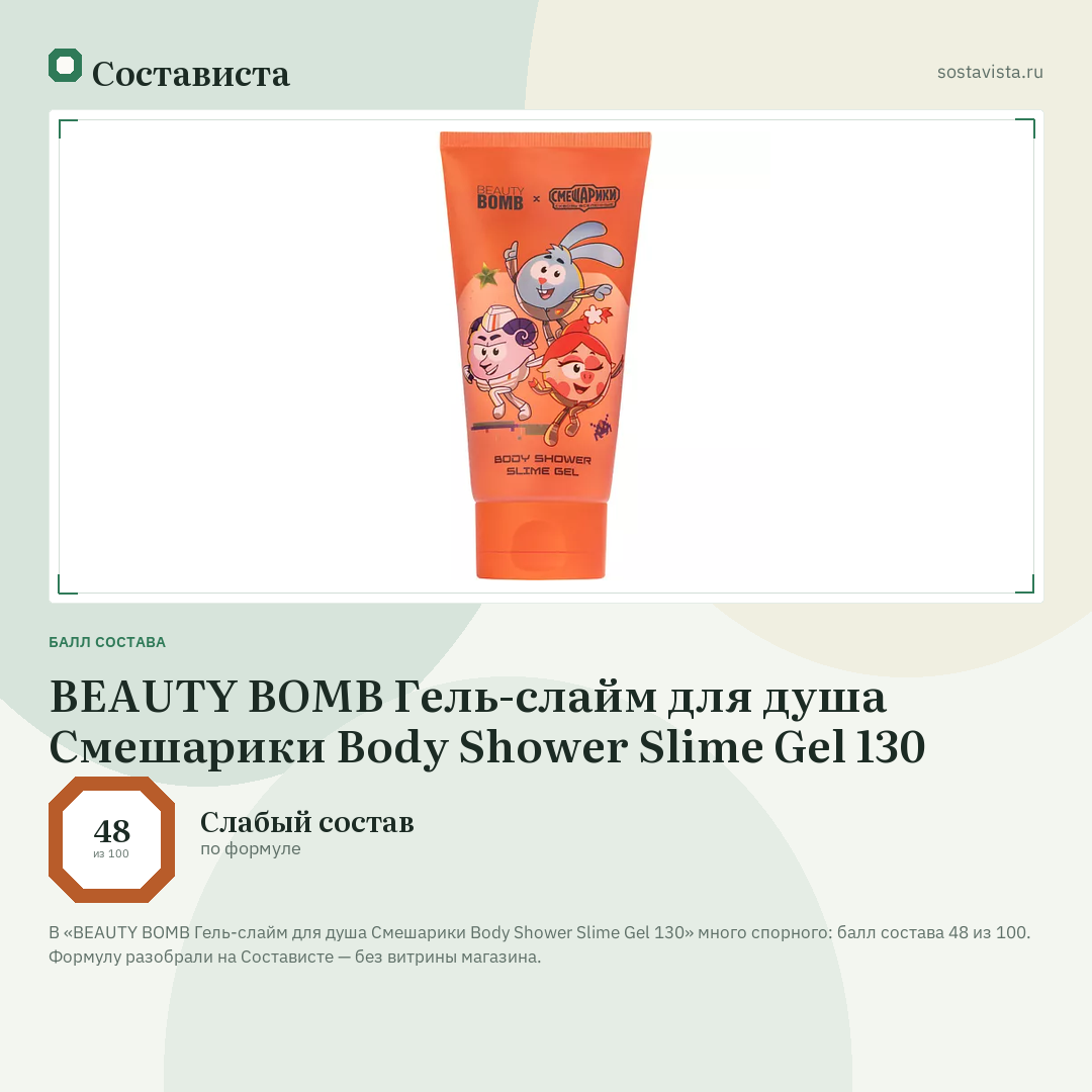 BEAUTY BOMB Гель-слайм для душа Смешарики Body Shower Slime Gel 130: балл состава 48 из 100 — Состависта