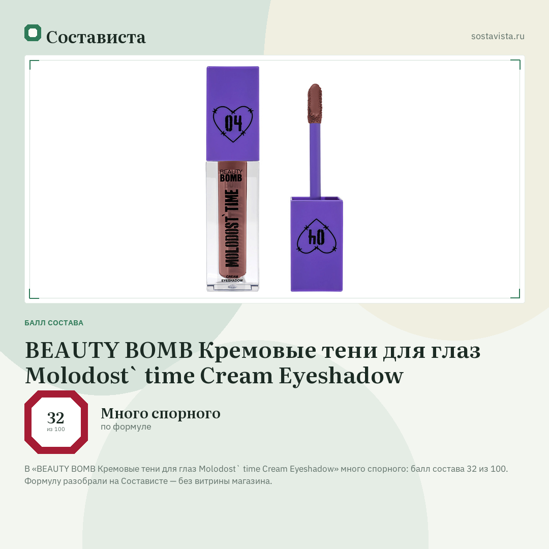 BEAUTY BOMB Кремовые тени для глаз Molodost` time Cream Eyeshadow: балл состава 32 из 100 — Состависта
