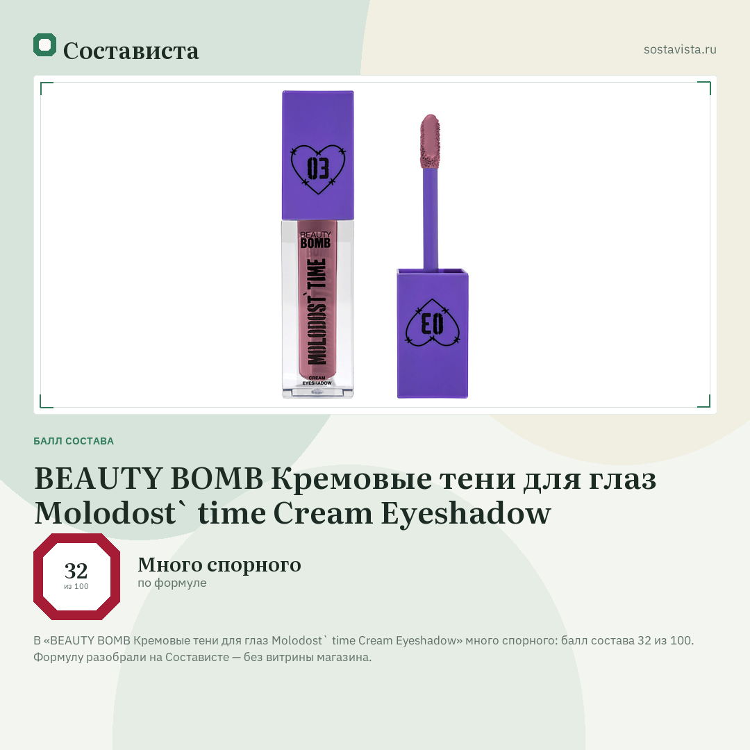 BEAUTY BOMB Кремовые тени для глаз Molodost` time Cream Eyeshadow: балл состава 32 из 100 — Состависта