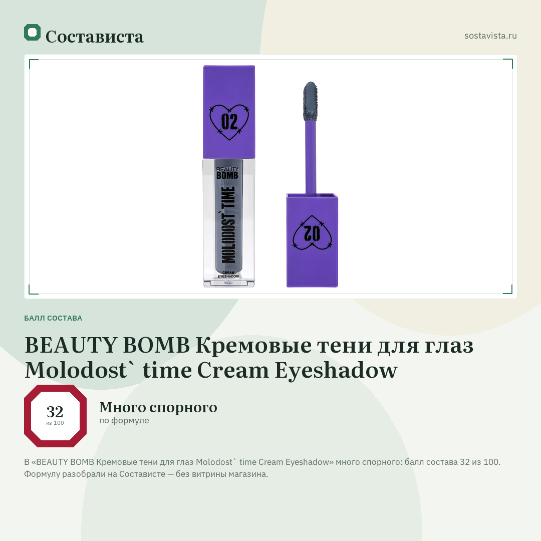 BEAUTY BOMB Кремовые тени для глаз Molodost` time Cream Eyeshadow: балл состава 32 из 100 — Состависта