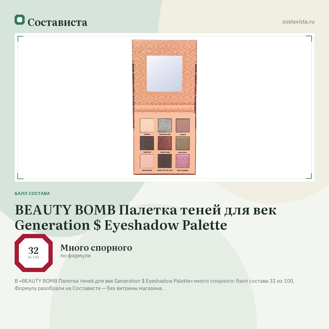 BEAUTY BOMB Палетка теней для век Generation $ Eyeshadow Palette: балл состава 32 из 100 — Состависта