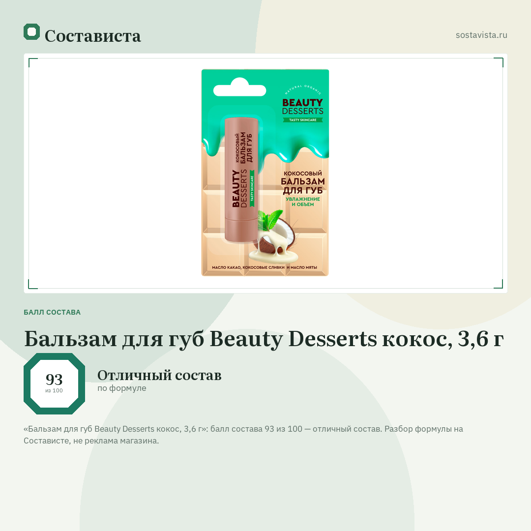Бальзам для губ Beauty Desserts кокос, 3,6 г: балл состава 93 из 100 — Состависта