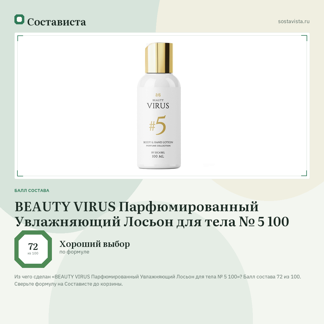 BEAUTY VIRUS Парфюмированный Увлажняющий Лосьон для тела № 5 100: балл состава 72 из 100 — Состависта