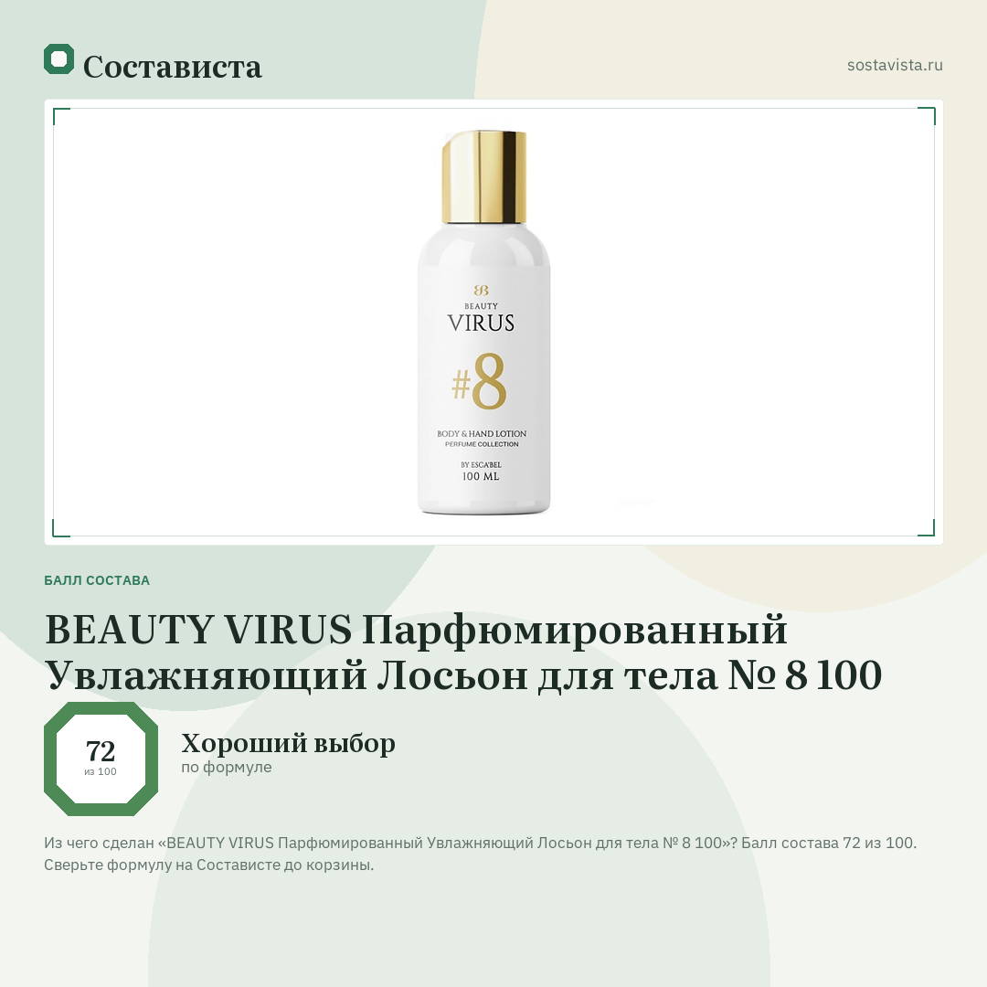 BEAUTY VIRUS Парфюмированный Увлажняющий Лосьон для тела № 8 100: балл состава 72 из 100 — Состависта