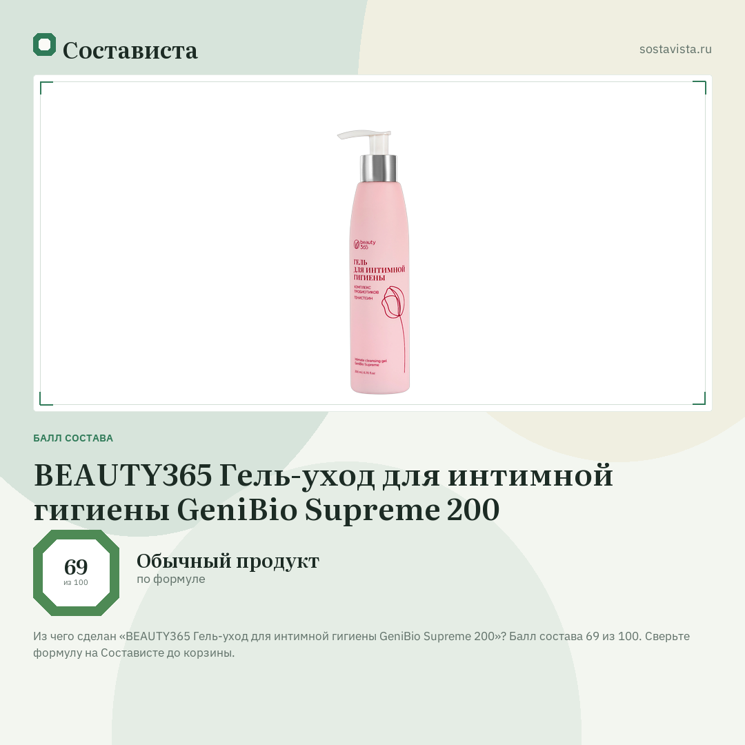 BEAUTY365 Гель-уход для интимной гигиены GeniBio Supreme 200: балл состава 69 из 100 — Состависта