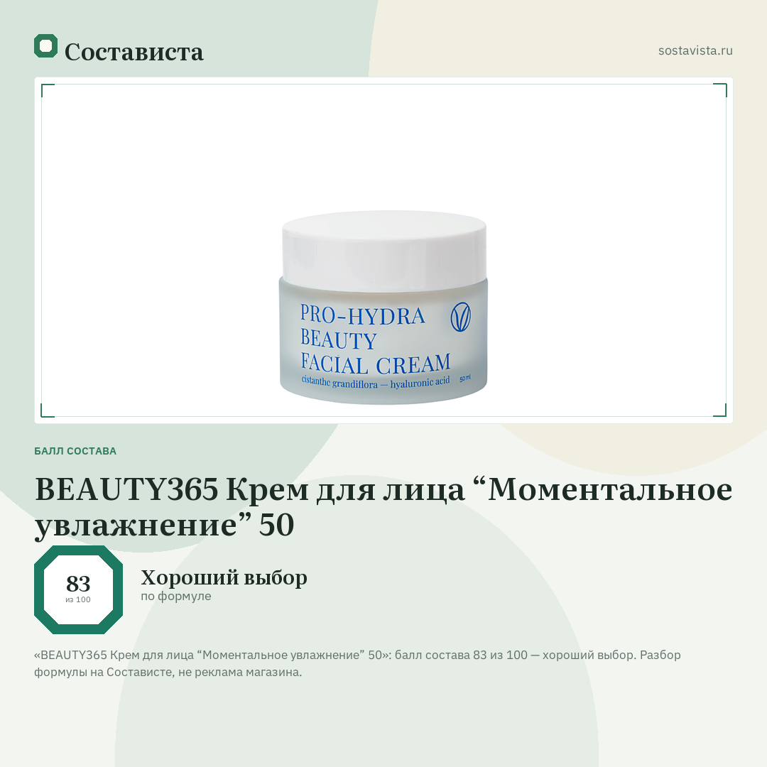 BEAUTY365 Крем для лица “Моментальное увлажнение” 50: балл состава 83 из 100 — Состависта