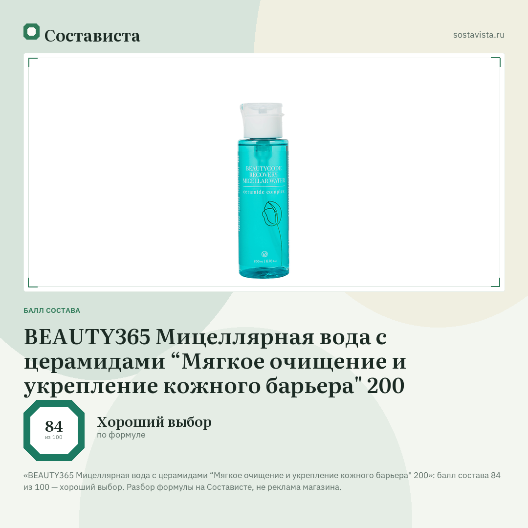 BEAUTY365 Мицеллярная вода с церамидами “Мягкое очищение и укрепление кожного барьера" 200: балл состава 84 из 100 — Состависта