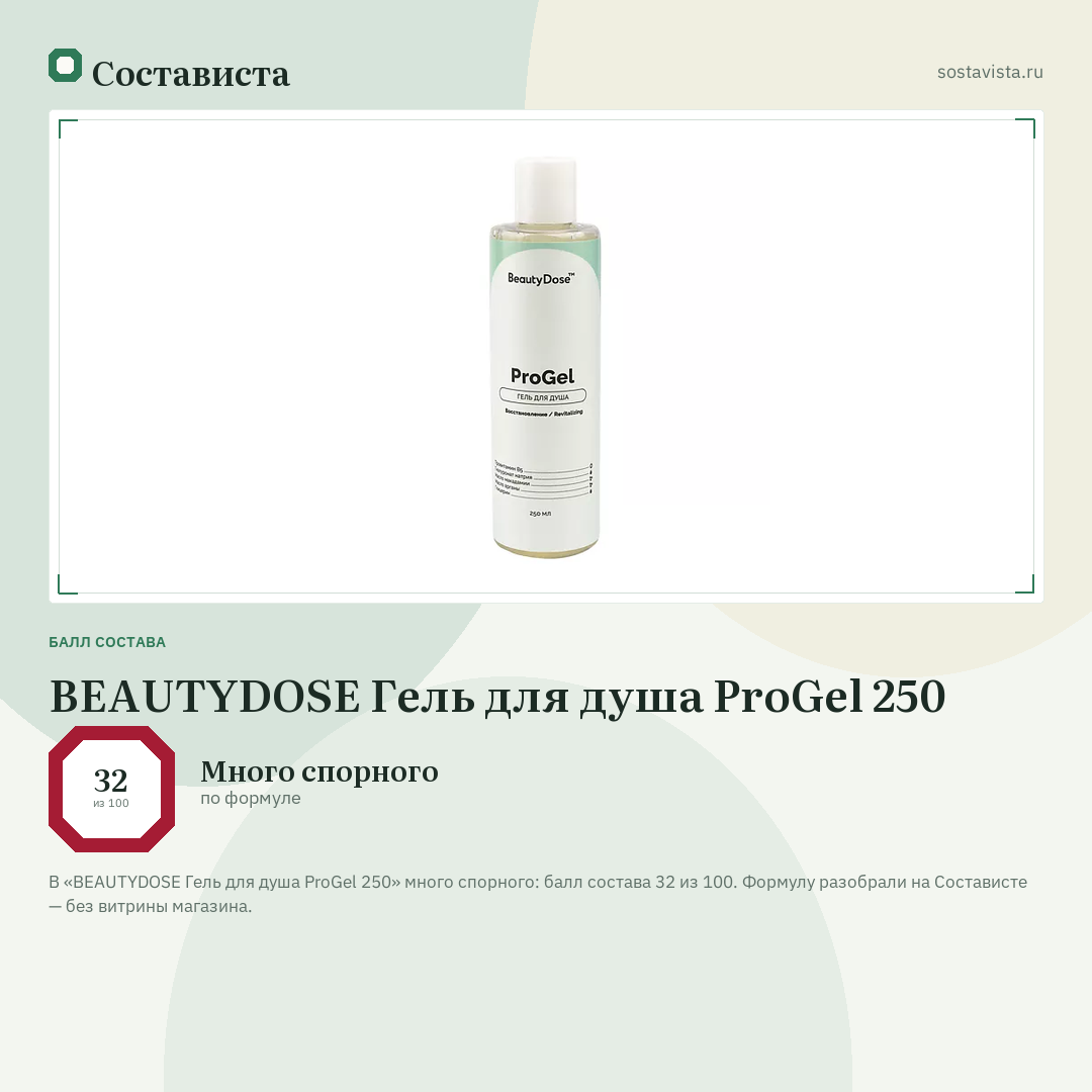 BEAUTYDOSE Гель для душа ProGel 250: балл состава 32 из 100 — Состависта