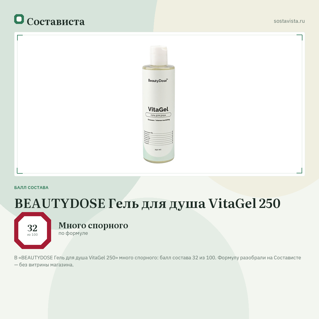 BEAUTYDOSE Гель для душа VitaGel 250: балл состава 32 из 100 — Состависта