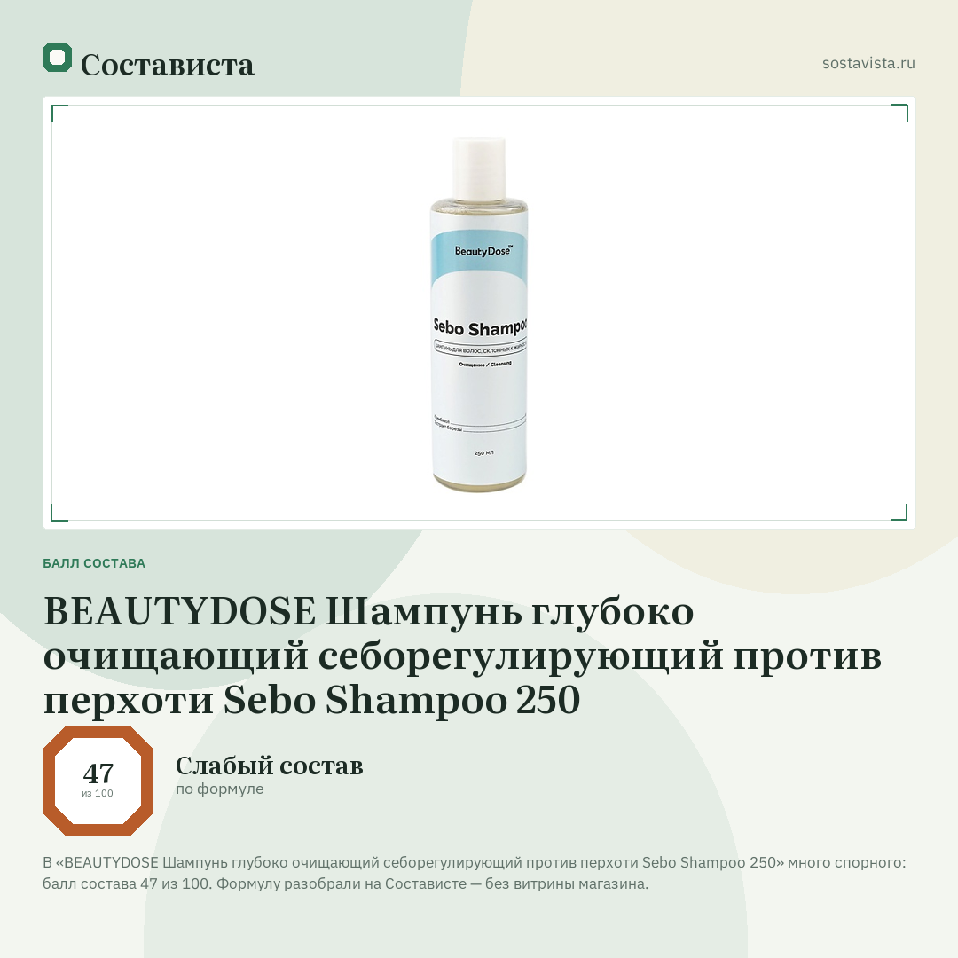 BEAUTYDOSE Шампунь глубоко очищающий себорегулирующий против перхоти Sebo Shampoo 250: балл состава 47 из 100 — Состависта