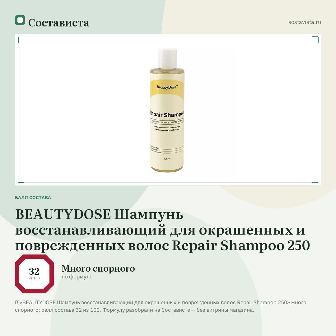 BEAUTYDOSE Шампунь восстанавливающий для окрашенных и поврежденных волос Repair Shampoo 250: балл состава 32 из 100 — Состависта