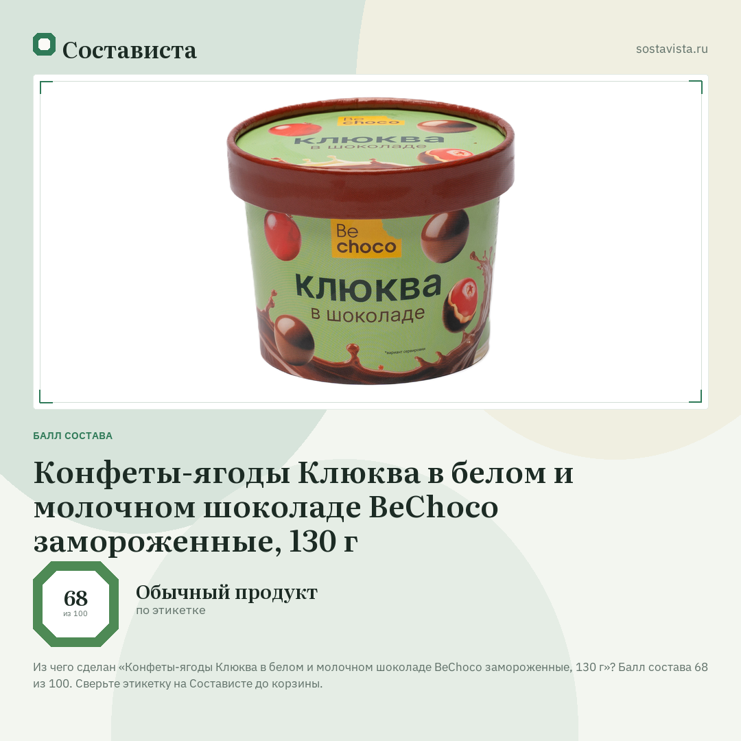 Конфеты-ягоды Клюква в белом и молочном шоколаде BeChoco замороженные, 130 г: балл состава 68 из 100 — Состависта