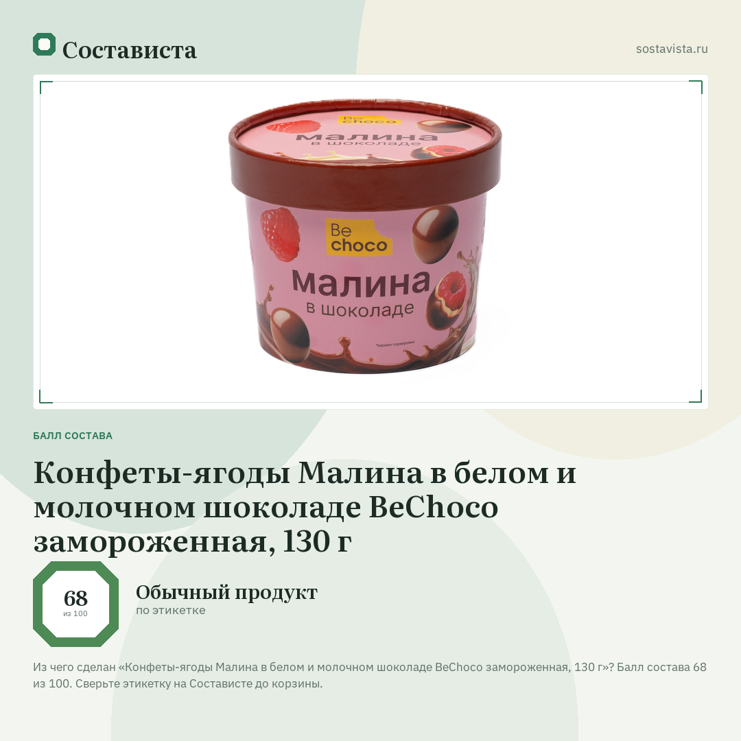 Конфеты-ягоды Малина в белом и молочном шоколаде BeChoco замороженная, 130 г: балл состава 68 из 100 — Состависта