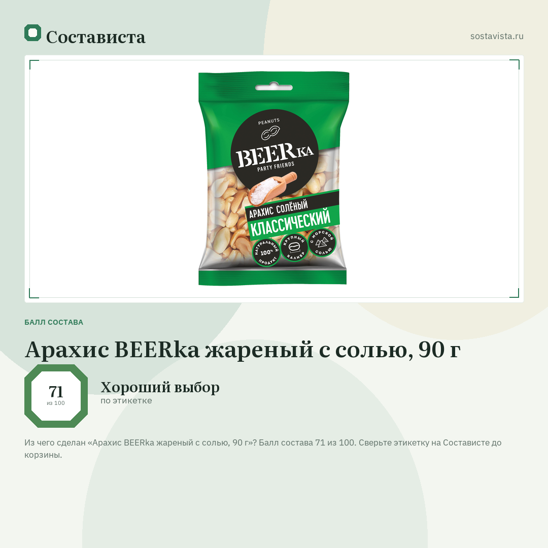 Арахис BEERka жареный с солью, 90 г: балл состава 71 из 100 — Состависта