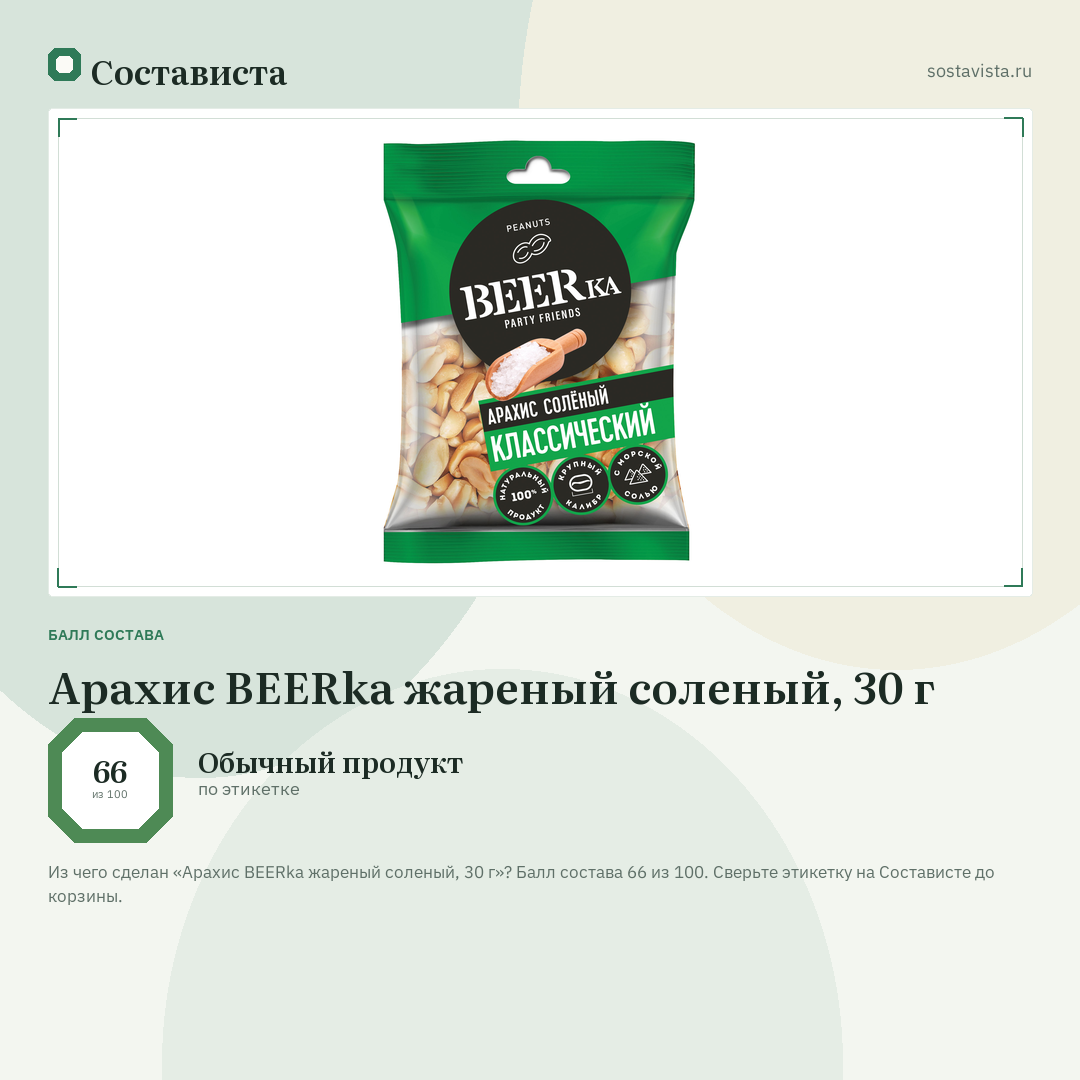 Арахис BEERka жареный соленый, 30 г: балл состава 66 из 100 — Состависта