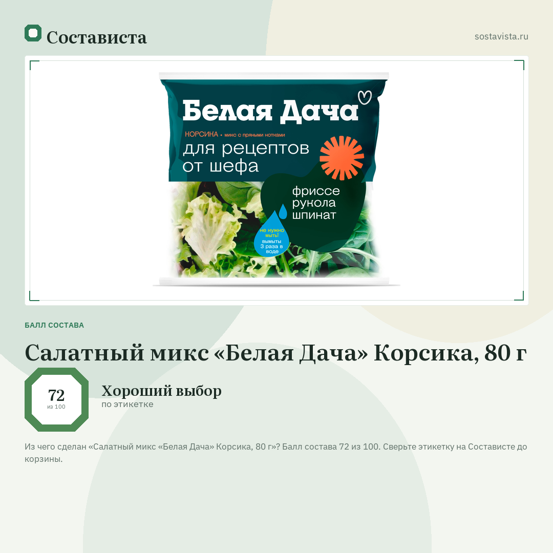 Салатный микс «Белая Дача» Корсика, 80 г: балл состава 72 из 100 — Состависта