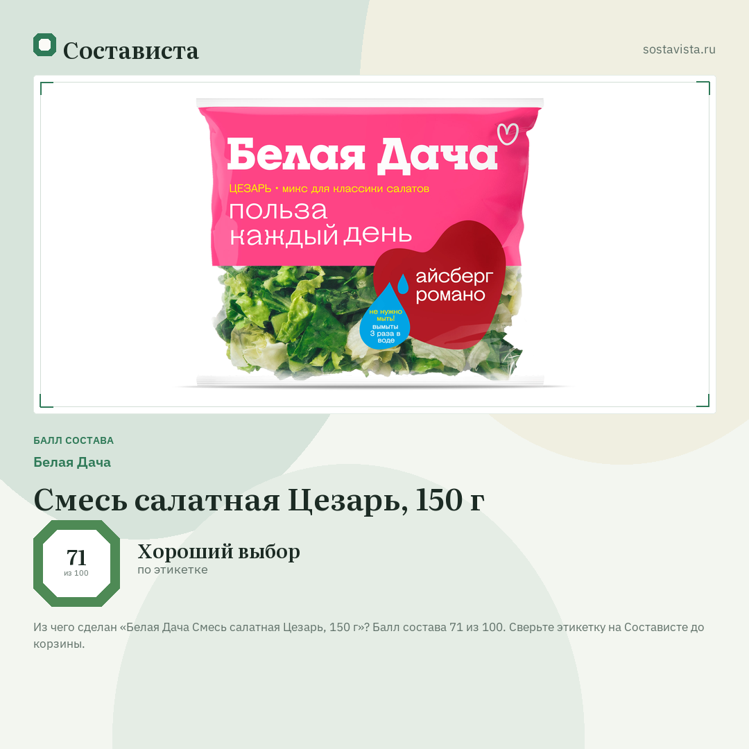 Белая Дача Смесь салатная Цезарь, 150 г: балл состава 71 из 100 — Состависта
