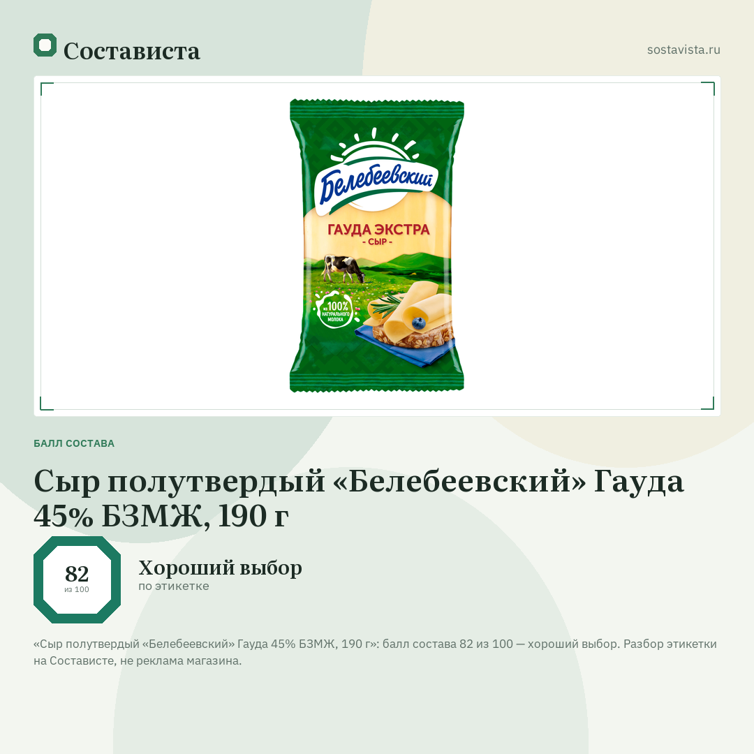 Сыр полутвердый «Белебеевский» Гауда 45% БЗМЖ, 190 г: балл состава 82 из 100 — Состависта