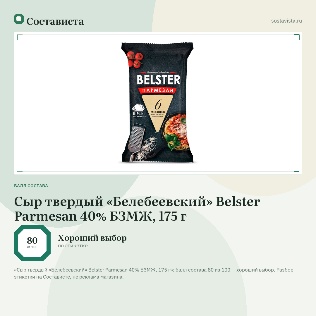 Сыр твердый «Белебеевский» Belster Parmesan 40% БЗМЖ, 175 г: балл состава 80 из 100 — Состависта