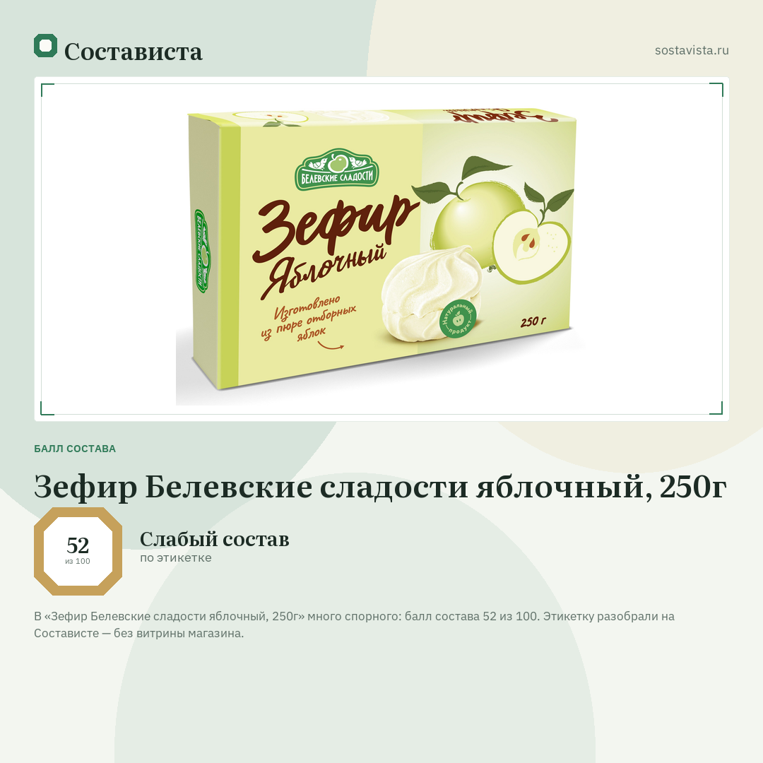 Зефир Белевские сладости яблочный, 250г: балл состава 52 из 100 — Состависта