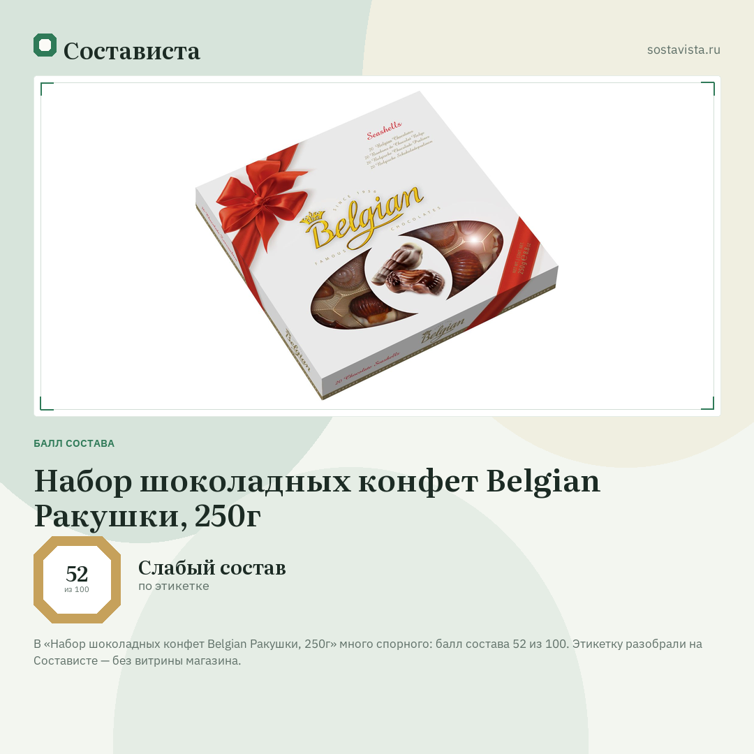 Набор шоколадных конфет Belgian Ракушки, 250г: балл состава 52 из 100 — Состависта