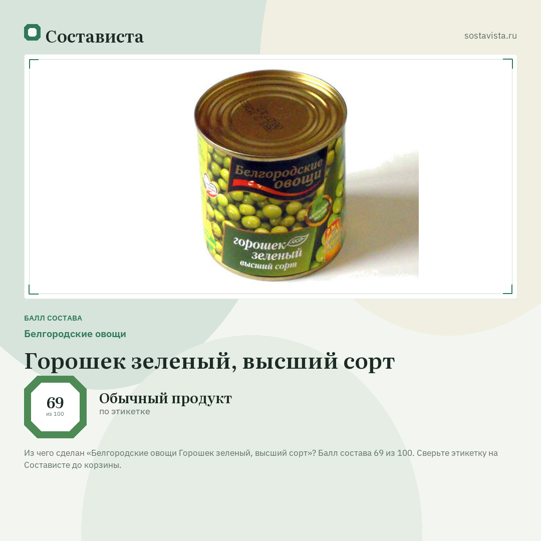 Белгородские овощи Горошек зеленый, высший сорт: балл состава 69 из 100 — Состависта