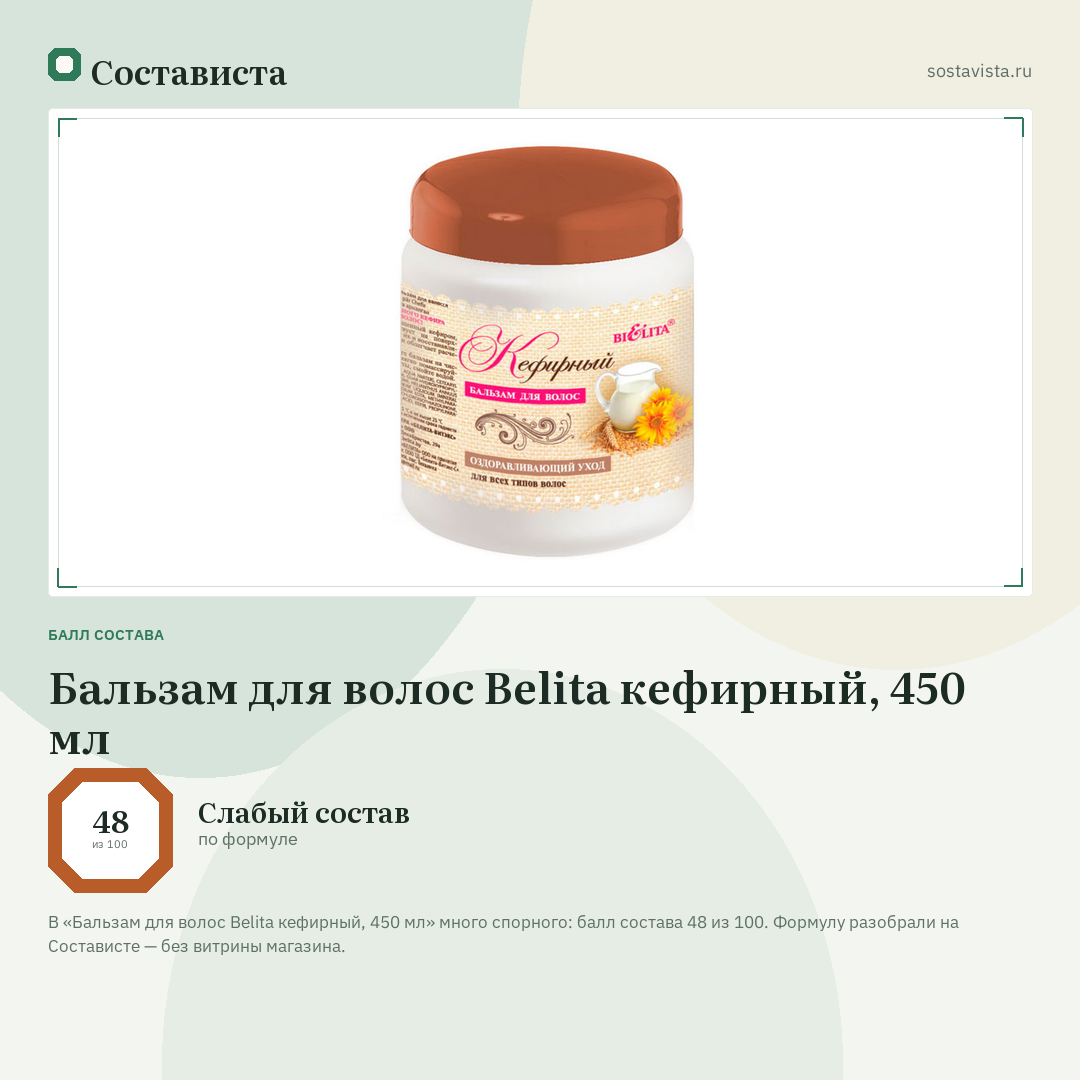 Бальзам для волос Belita кефирный, 450 мл: балл состава 48 из 100 — Состависта