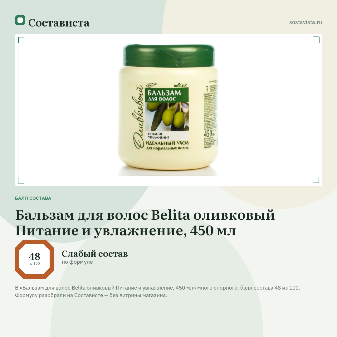 Бальзам для волос Belita оливковый Питание и увлажнение, 450 мл: балл состава 48 из 100 — Состависта