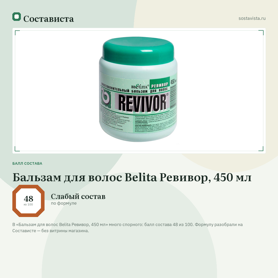 Бальзам для волос Belita Ревивор, 450 мл: балл состава 48 из 100 — Состависта