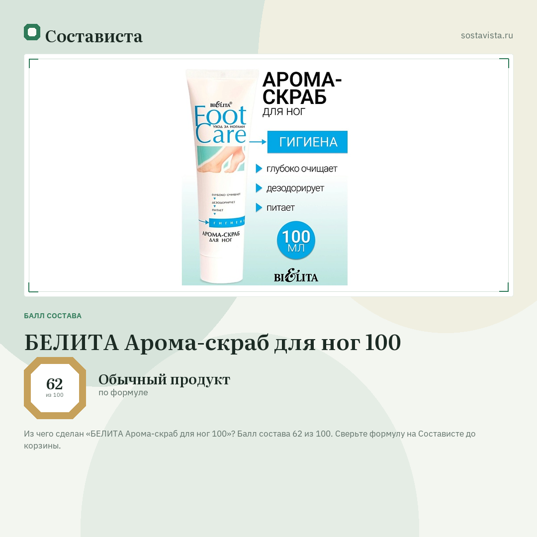 БЕЛИТА Арома-скраб для ног 100: балл состава 62 из 100 — Состависта
