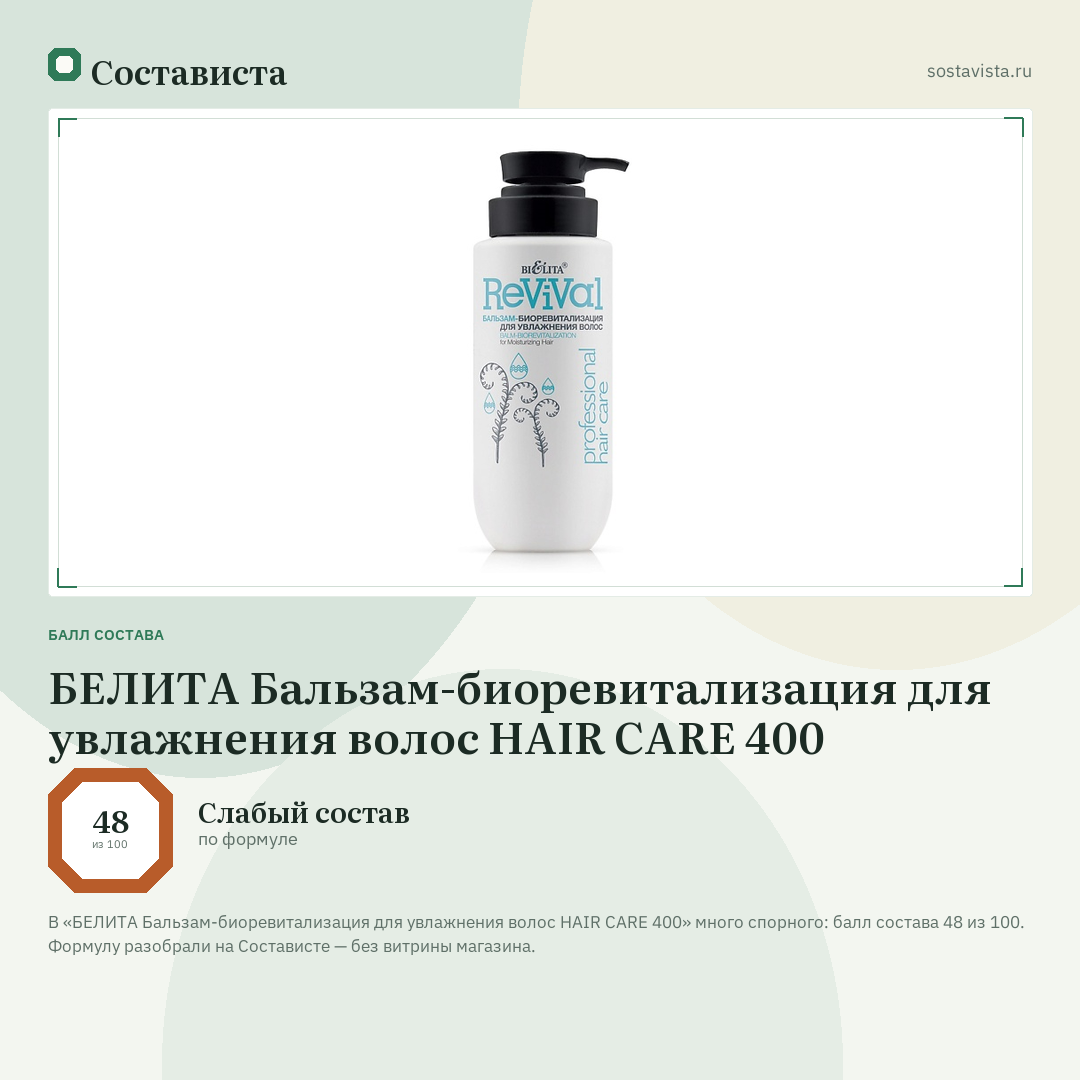 БЕЛИТА Бальзам-биоревитализация для увлажнения волос HAIR CARE 400: балл состава 48 из 100 — Состависта