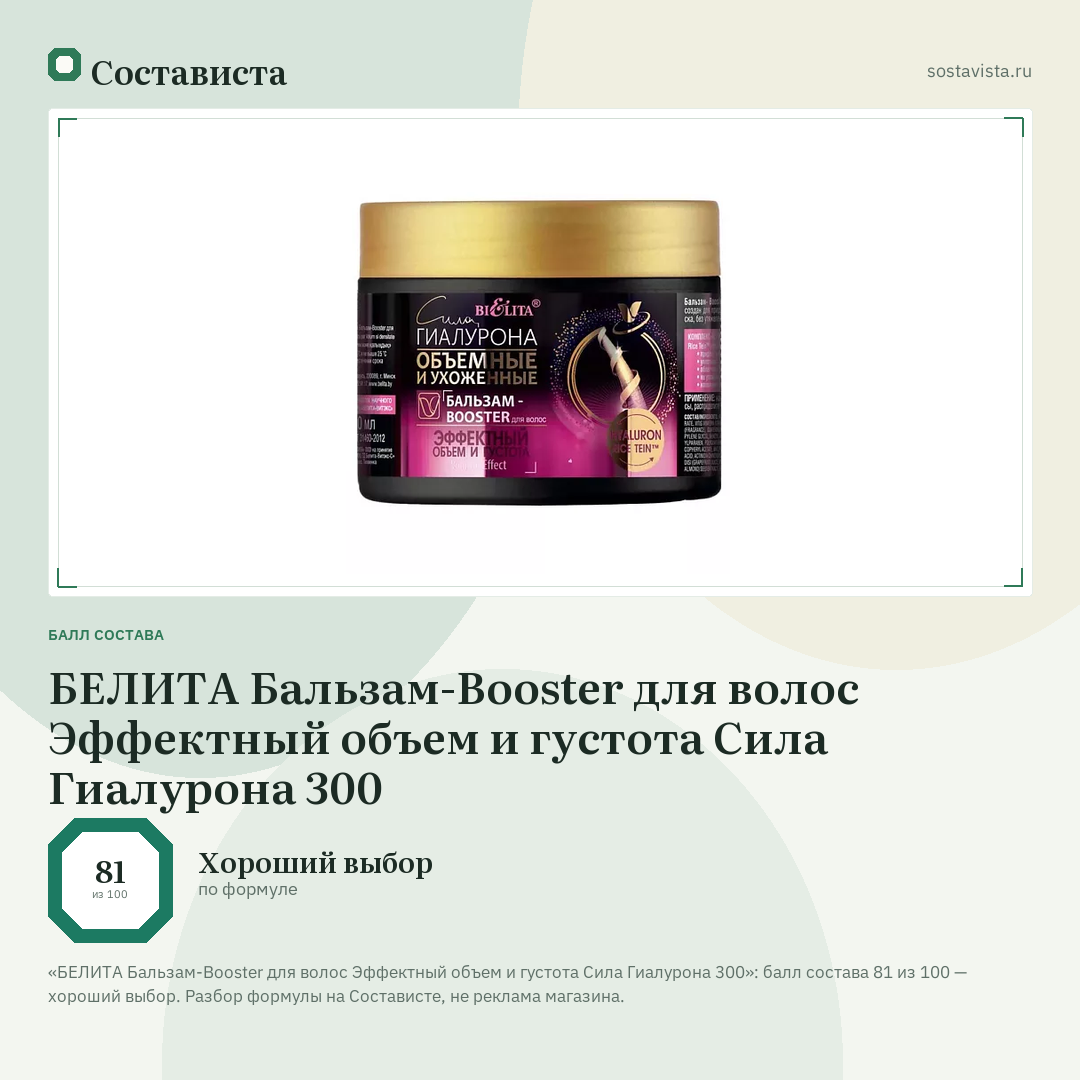 БЕЛИТА Бальзам-Booster для волос Эффектный объем и густота Сила Гиалурона 300: балл состава 81 из 100 — Состависта