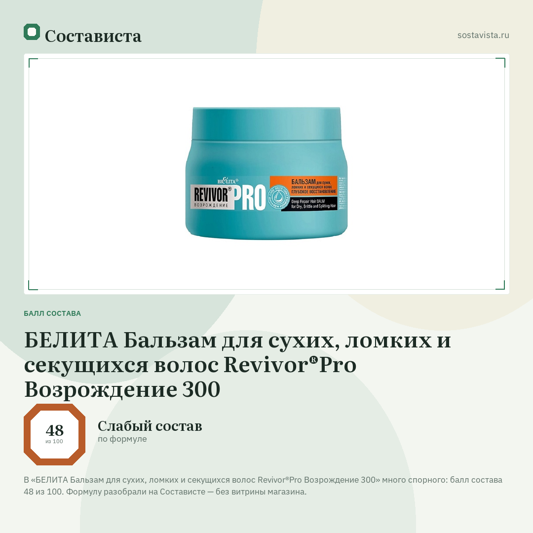 БЕЛИТА Бальзам для сухих, ломких и секущихся волос Revivor®Pro Возрождение 300: балл состава 48 из 100 — Состависта