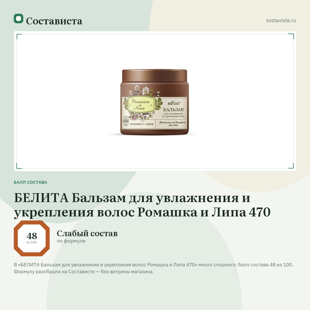 БЕЛИТА Бальзам для увлажнения и укрепления волос Ромашка и Липа 470: балл состава 48 из 100 — Состависта