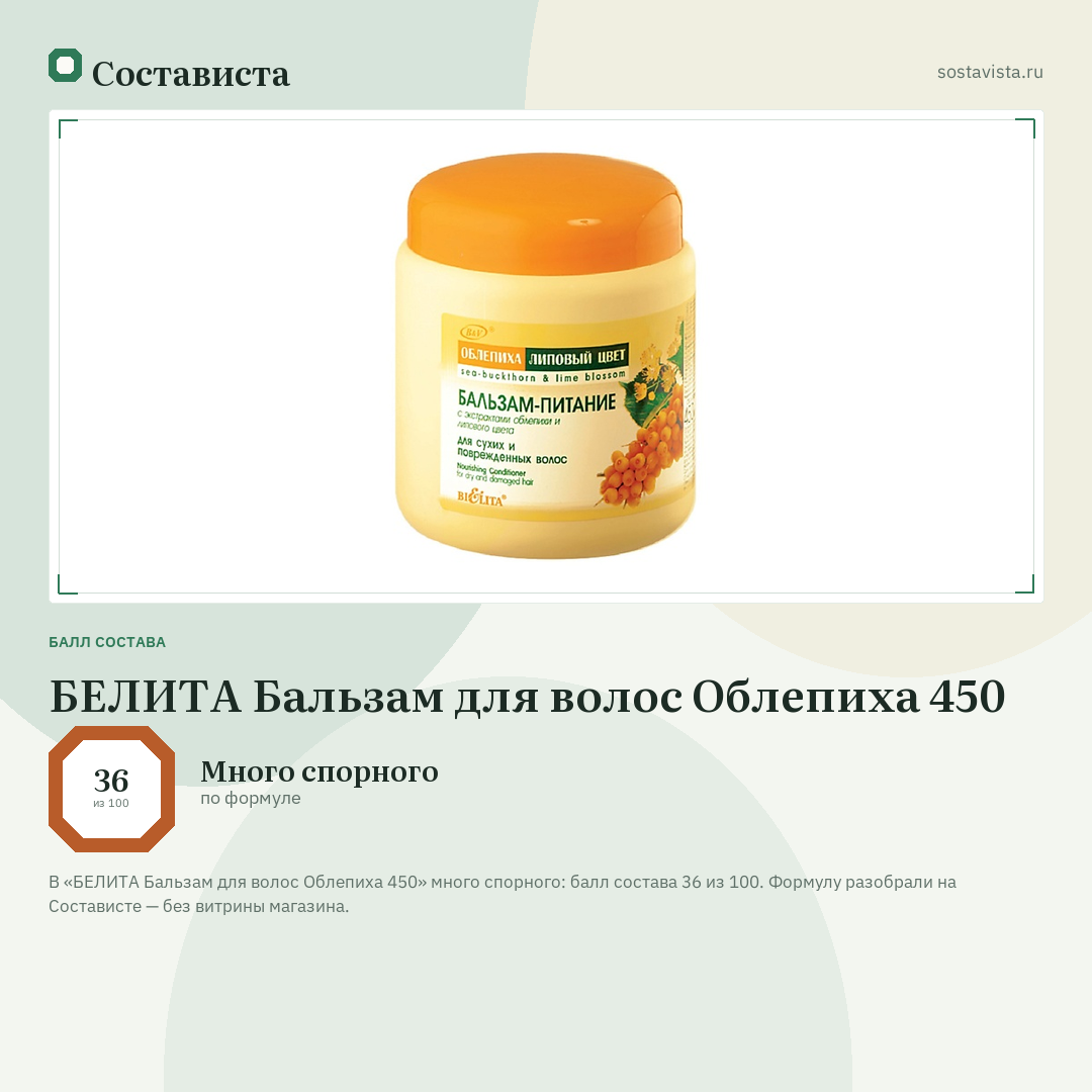 БЕЛИТА Бальзам для волос Облепиха 450: балл состава 36 из 100 — Состависта