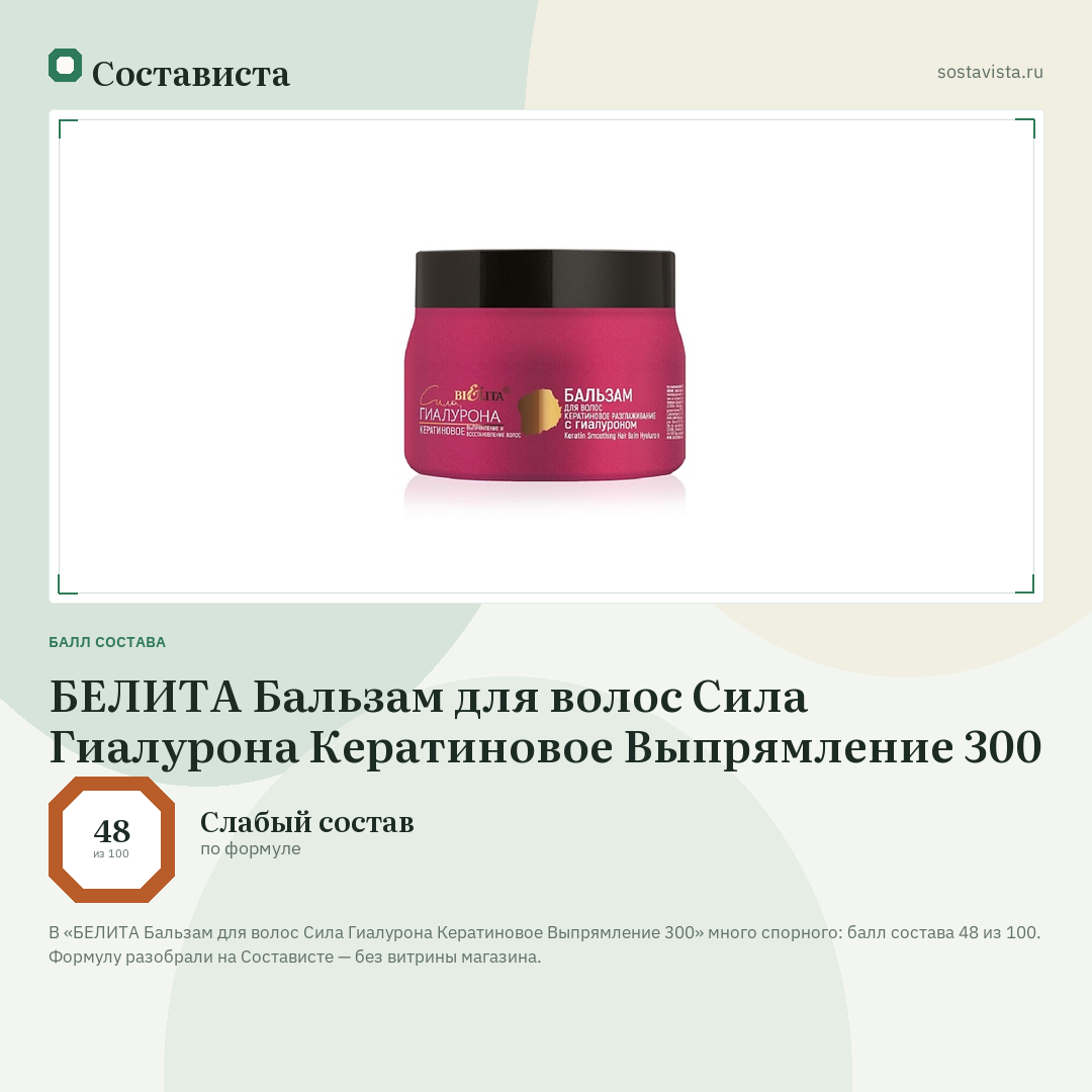 БЕЛИТА Бальзам для волос Сила Гиалурона Кератиновое Выпрямление 300: балл состава 48 из 100 — Состависта