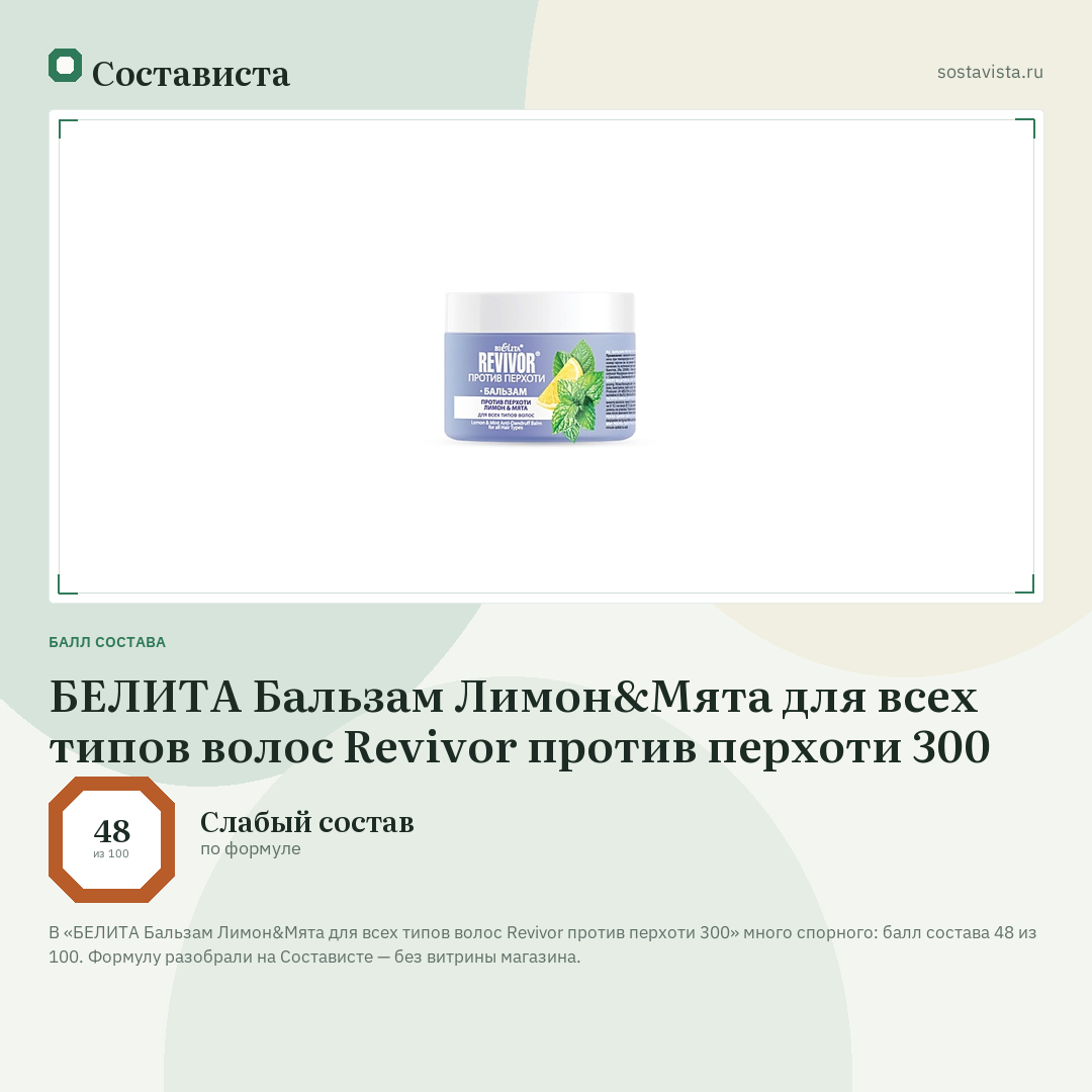 БЕЛИТА Бальзам Лимон&Мята для всех типов волос Revivor против перхоти 300: балл состава 48 из 100 — Состависта