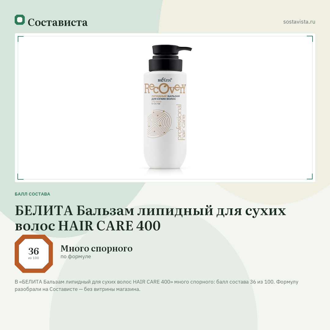 БЕЛИТА Бальзам липидный для сухих волос HAIR CARE 400: балл состава 36 из 100 — Состависта
