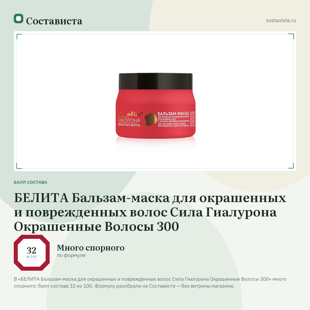 БЕЛИТА Бальзам-маска для окрашенных и поврежденных волос Сила Гиалурона Окрашенные Волосы 300: балл состава 32 из 100 — Состависта