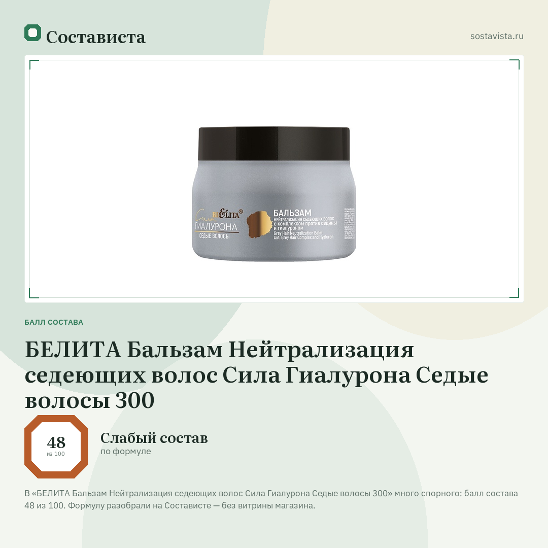 БЕЛИТА Бальзам Нейтрализация седеющих волос Сила Гиалурона Седые волосы 300: балл состава 48 из 100 — Состависта