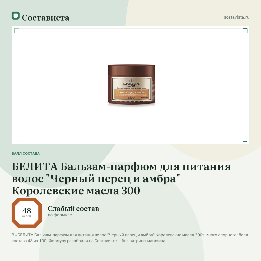 БЕЛИТА Бальзам-парфюм для питания волос "Черный перец и амбра" Королевские масла 300: балл состава 48 из 100 — Состависта