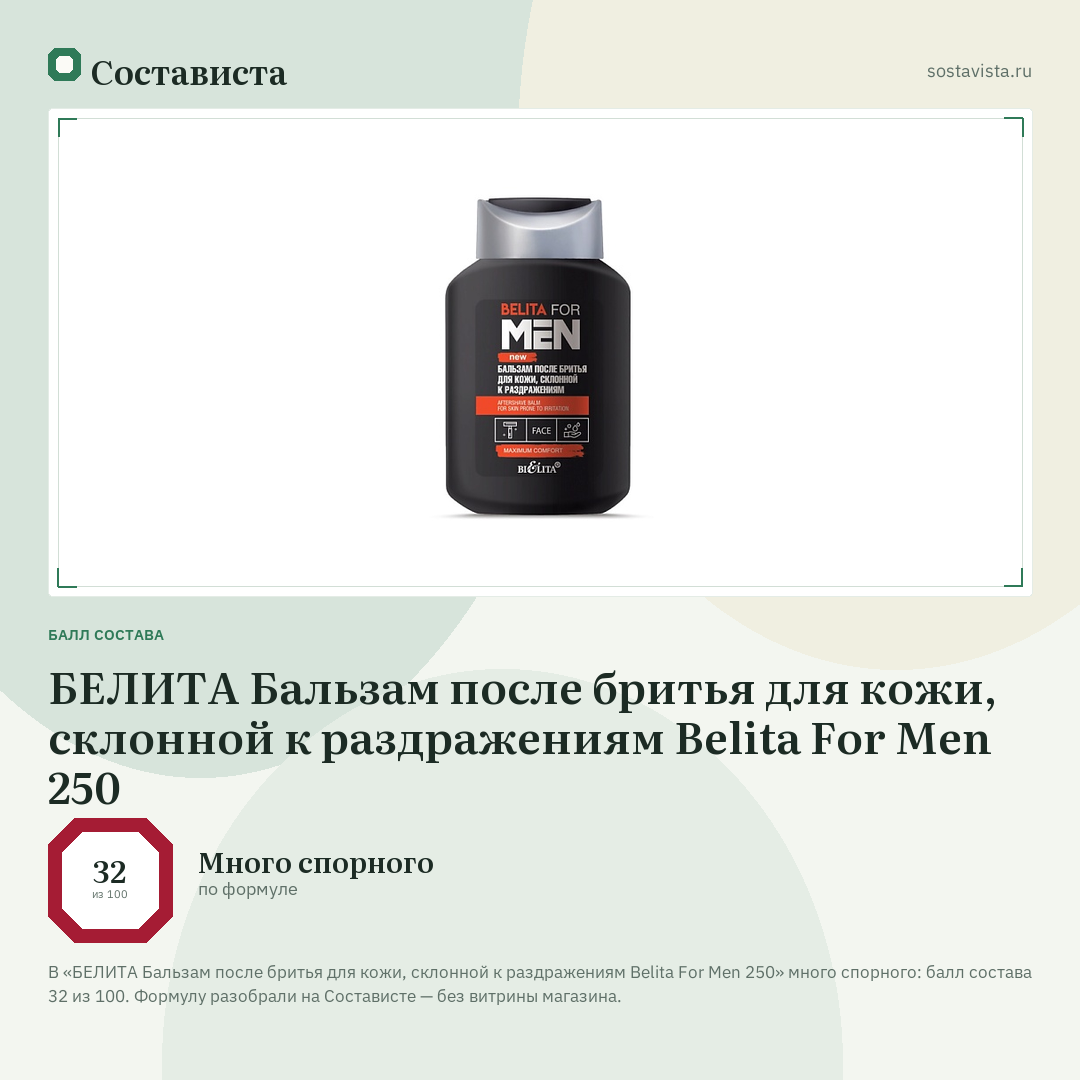 БЕЛИТА Бальзам после бритья для кожи, склонной к раздражениям Belita For Men 250: балл состава 32 из 100 — Состависта